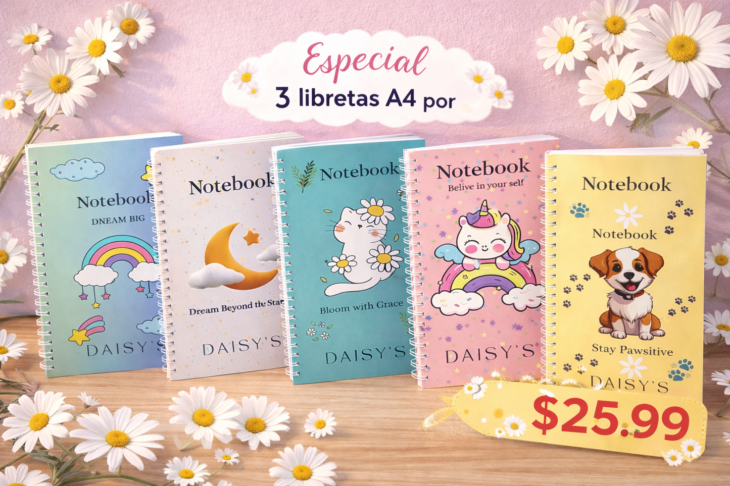 🌸 Especial Daisy’s – 3 Libretas A4 por $25.99 🌸