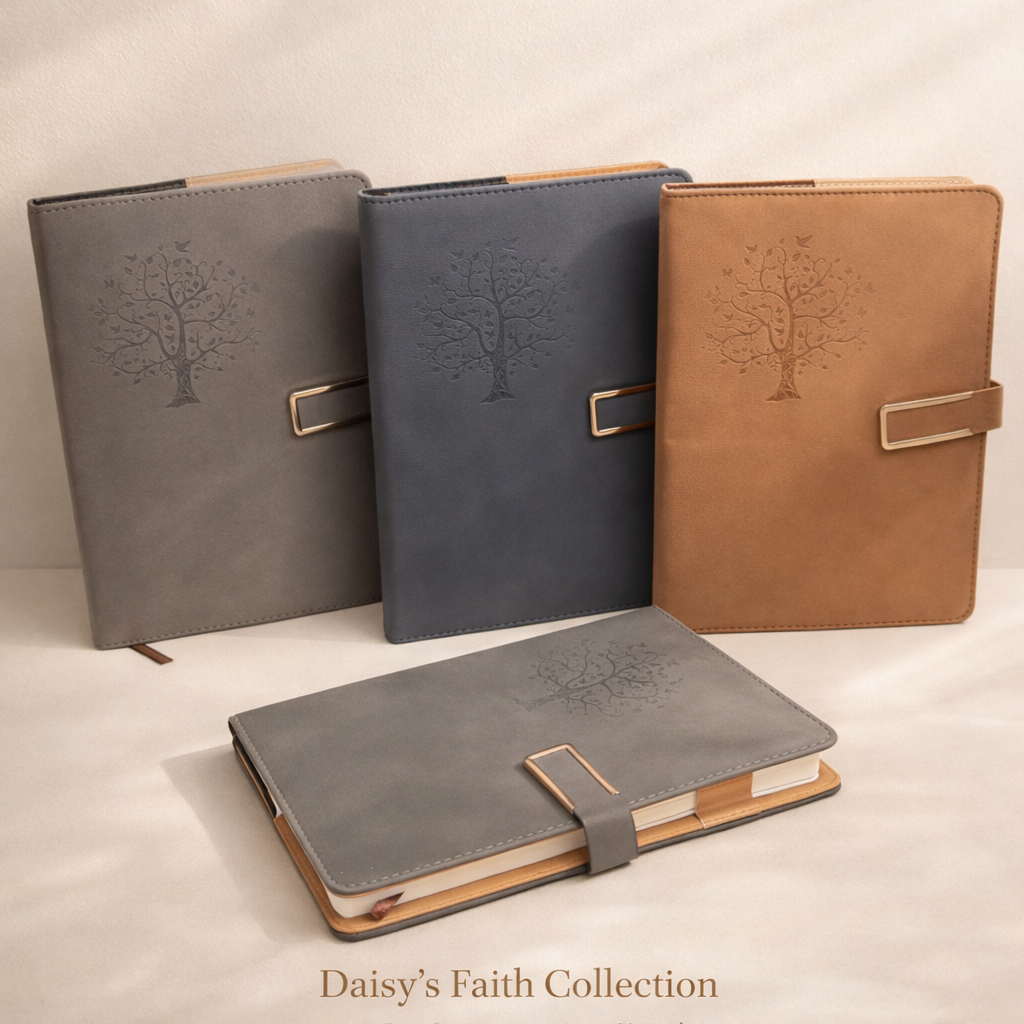 Four leather-bound journals in gray, blue, and brown with tree embossing on a light background.