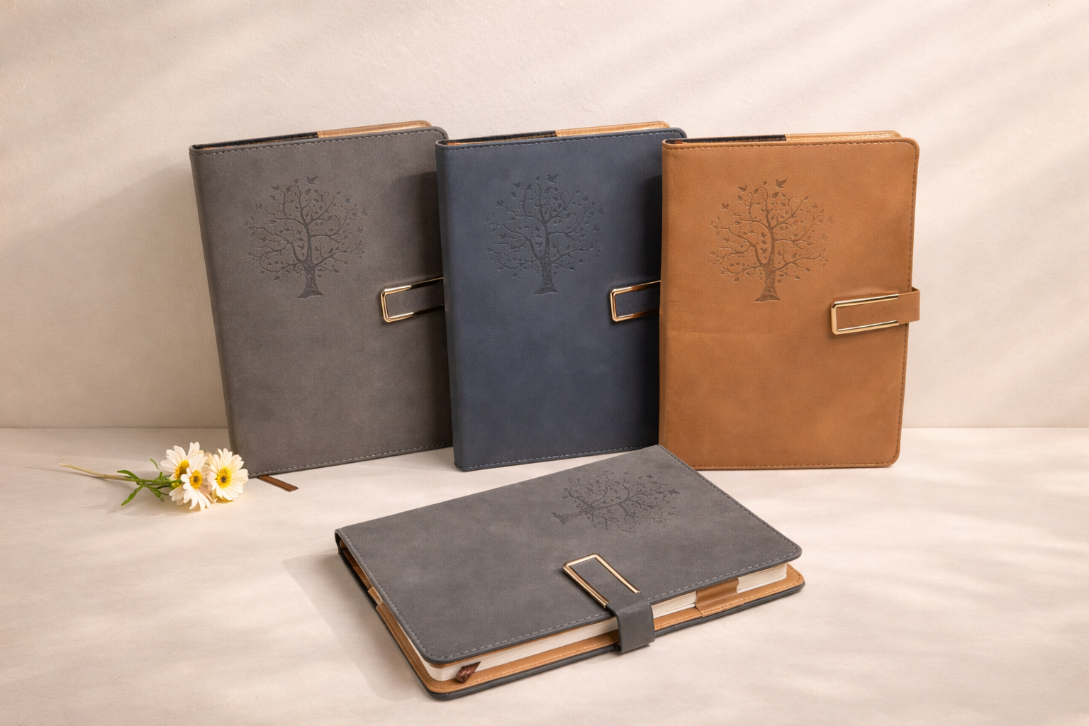 Four leather-bound notebooks in gray, blue, and brown on a light surface with a beige background.
