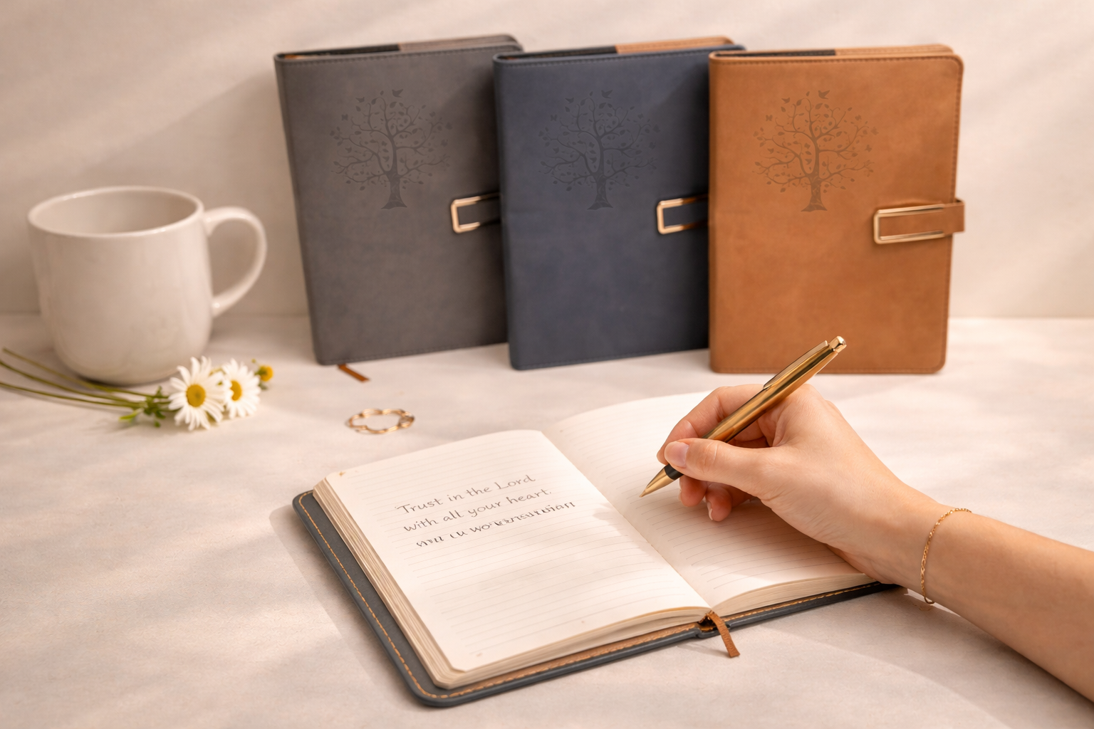Three notebooks in gray, blue, and brown with a hand writing in an open notebook.